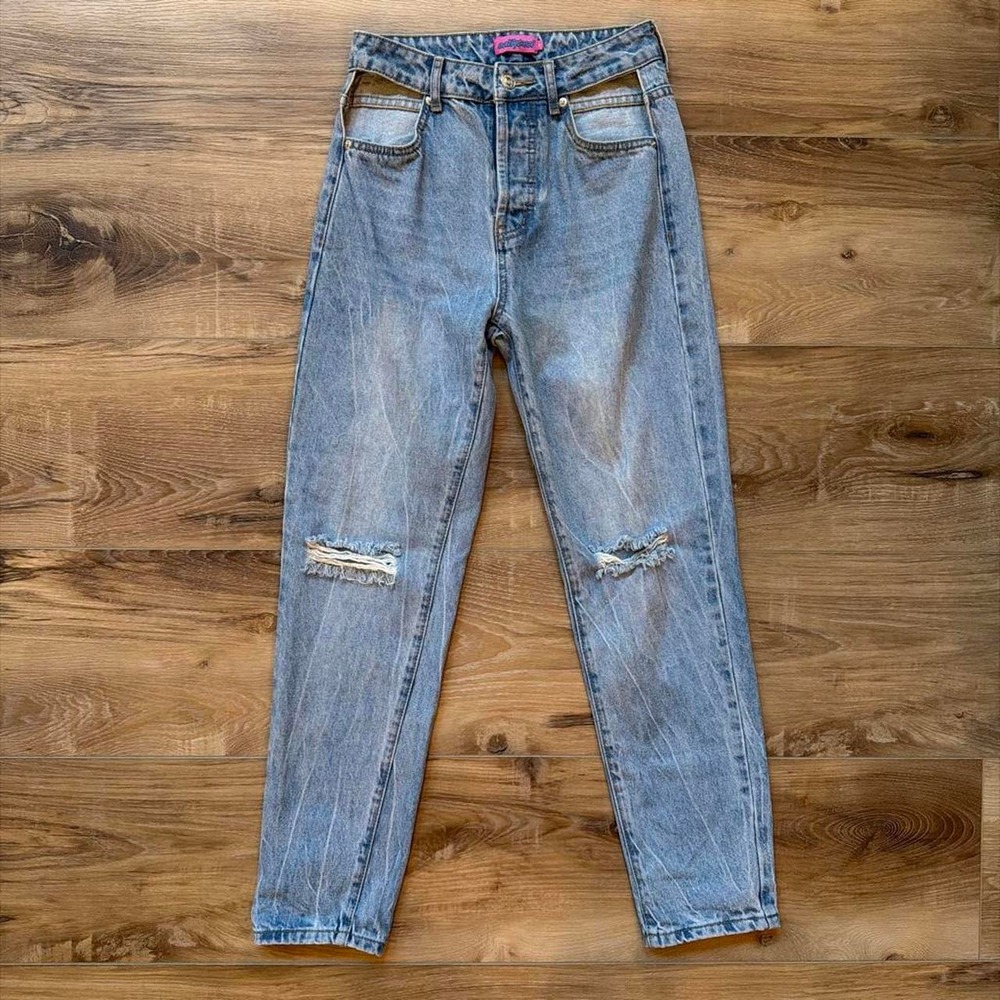 Edikted Jeans Sz S Hip Cutout Distressed Light Wash Straight Leg Button Fly Y2K